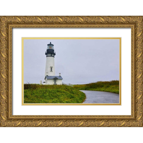 USA, Oregon Yaquina Head Lighthouse on foggy day Gold Ornate Wood Framed Art Print with Double Matting by Carter, Jean