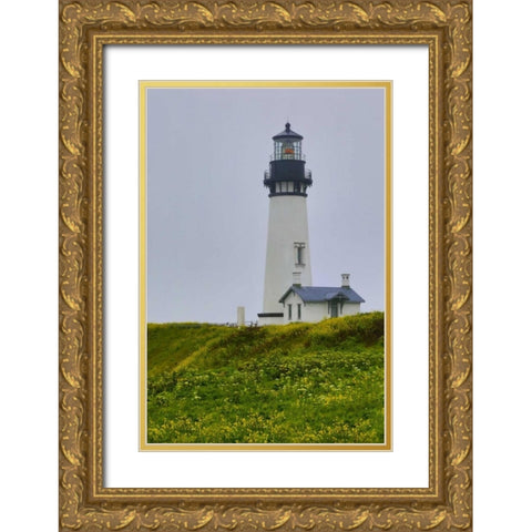 USA, Oregon Yaquina Head Lighthouse on foggy day Gold Ornate Wood Framed Art Print with Double Matting by Carter, Jean