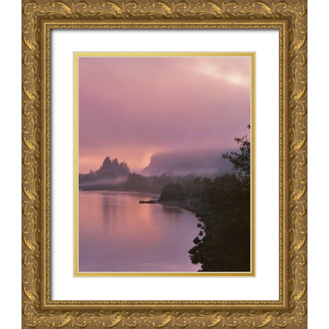 OR, Columbia Gorge NSA Fog along Columbia River Gold Ornate Wood Framed Art Print with Double Matting by Terrill, Steve