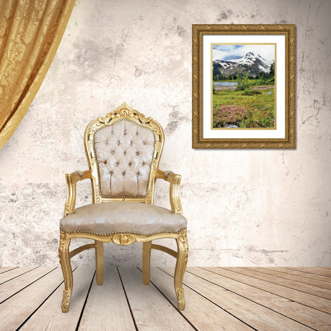 OR Mount Jefferson and field of flowers Gold Ornate Wood Framed Art Print with Double Matting by Terrill, Steve