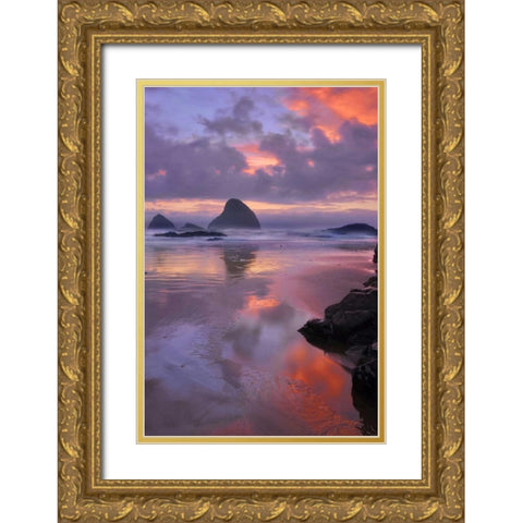 Oregon, Oceanside Sunset on beach and sea stacks Gold Ornate Wood Framed Art Print with Double Matting by Terrill, Steve