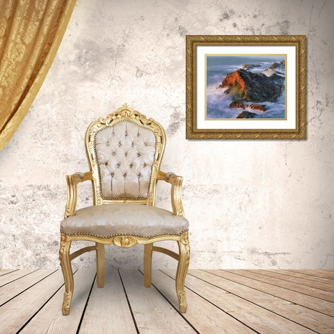 OR, Shore Acres SP Sunset on ocean shore cliffs Gold Ornate Wood Framed Art Print with Double Matting by Terrill, Steve