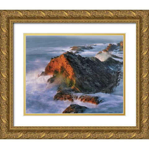OR, Shore Acres SP Sunset on ocean shore cliffs Gold Ornate Wood Framed Art Print with Double Matting by Terrill, Steve