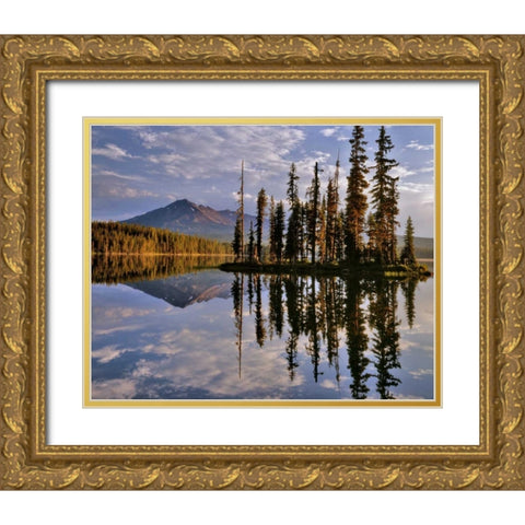 Oregon Diamond Peak reflecting in Summit Lake Gold Ornate Wood Framed Art Print with Double Matting by Terrill, Steve
