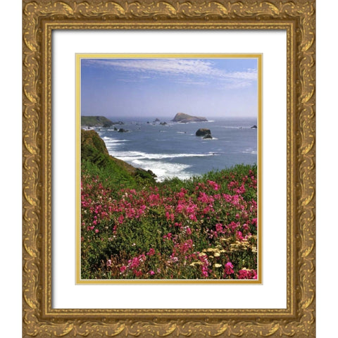 Oregon Seascape of Goat Rock and sweet peas Gold Ornate Wood Framed Art Print with Double Matting by Terrill, Steve