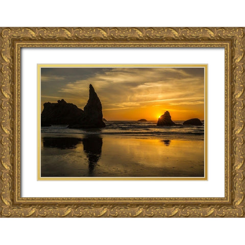 Oregon-Bandon Beach-Wizards Hat-sunset-sun star Gold Ornate Wood Framed Art Print with Double Matting by Jaynes Gallery