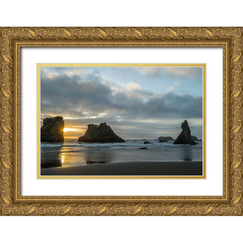 Oregon-Bandon Beach Wizards Hat and other formations at sunset  Gold Ornate Wood Framed Art Print with Double Matting by Jaynes Gallery