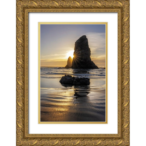 Haystack Rock Pinnacles at low tide in Cannon Beach-Oregon-USA Gold Ornate Wood Framed Art Print with Double Matting by Haney, Chuck