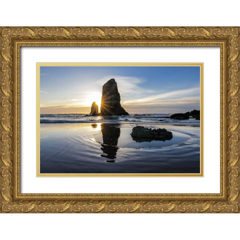 Haystack Rock Pinnacles at low tide in Cannon Beach-Oregon-USA Gold Ornate Wood Framed Art Print with Double Matting by Haney, Chuck