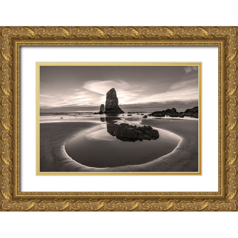 Haystack Rock Pinnacles at low tide in Cannon Beach-Oregon-USA Gold Ornate Wood Framed Art Print with Double Matting by Haney, Chuck