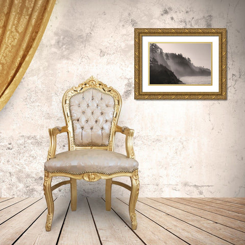 Sea mist rises along Indian Beach at Ecola State Park in Cannon Beach-Oregon-USA Gold Ornate Wood Framed Art Print with Double Matting by Haney, Chuck