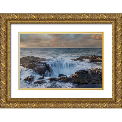 USA- Oregon- Cape Perpetua and Thors Well at sunset. Gold Ornate Wood Framed Art Print with Double Matting by Gulin, Darrell
