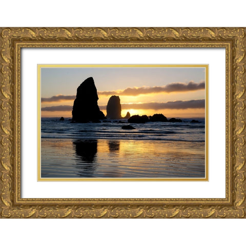 USA- Oregon. Cannon Beach and Haystack Rock at sunset Gold Ornate Wood Framed Art Print with Double Matting by Gulin, Darrell