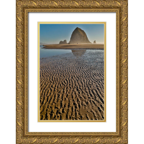 USA- Oregon. Cannon Beach with Haystack near sunset and low tide. Gold Ornate Wood Framed Art Print with Double Matting by Gulin, Darrell