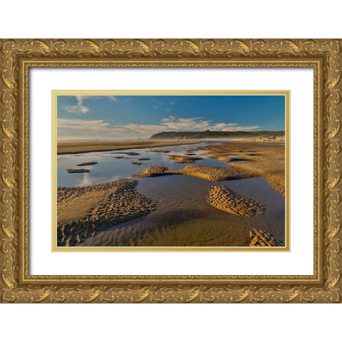 USA- Oregon. Cannon Beach low tide and ripples in the sand. Gold Ornate Wood Framed Art Print with Double Matting by Gulin, Darrell