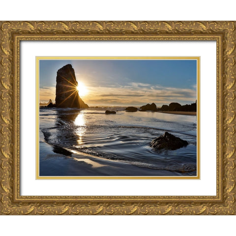 USA- Oregon. Cannon Beach low tide and ripples in the sand and sea stacks at sunset. Gold Ornate Wood Framed Art Print with Double Matting by Gulin, Darrell