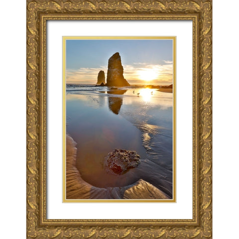 USA- Oregon. Cannon Beach low tide and ripples in the sand and sea stacks at sunset. Gold Ornate Wood Framed Art Print with Double Matting by Gulin, Darrell