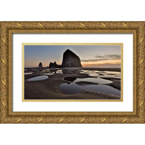 USA- Oregon. Cannon Beach with Haystack near sunset and low tide. Gold Ornate Wood Framed Art Print with Double Matting by Gulin, Darrell