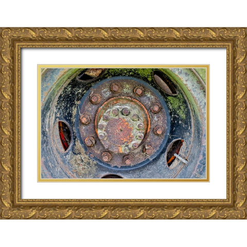 USA- Oregon- Tillamook. Close-up of old and rusted painted truck wheels Gold Ornate Wood Framed Art Print with Double Matting by Gulin, Darrell
