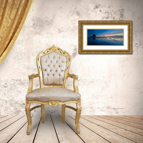 USA- Oregon. Cannon Beach and panorama of Haystack at sunset and low tide. Gold Ornate Wood Framed Art Print with Double Matting by Gulin, Darrell