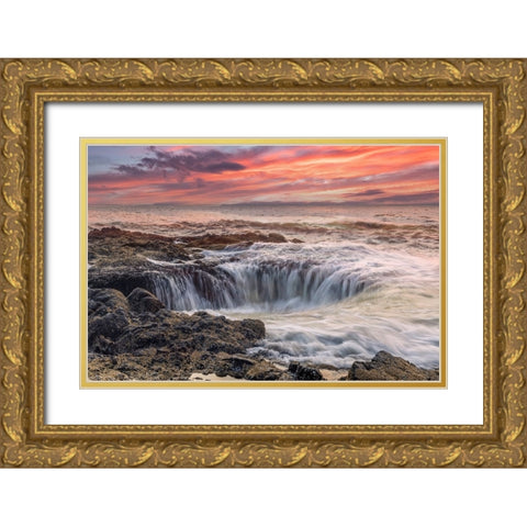 Usa-Oregon-Yachats Thors Well-Waves Crashing into Thors Well Gold Ornate Wood Framed Art Print with Double Matting by Looney, Hollice