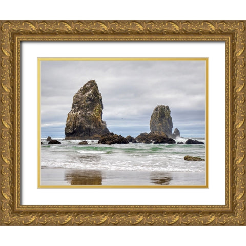 Oregon-Cannon Beach Needle Seastack-stormy sky Gold Ornate Wood Framed Art Print with Double Matting by Wild, Jamie and Judy