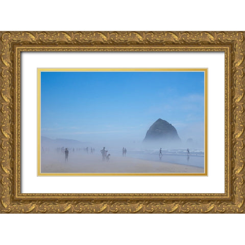 Oregon-Cannon Beach Haystack Rock-beachgoers in fog Gold Ornate Wood Framed Art Print with Double Matting by Wild, Jamie and Judy