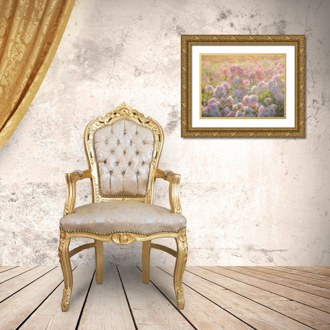 Oregon-Canby-Swam Island Dahlias-water coming down on flowers Gold Ornate Wood Framed Art Print with Double Matting by Gulin, Sylvia