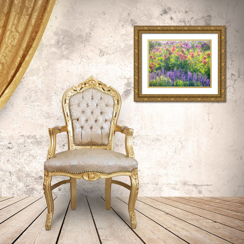 Oregon-Canby-Swam Island Dahlias-water coming down on flowers Gold Ornate Wood Framed Art Print with Double Matting by Gulin, Sylvia