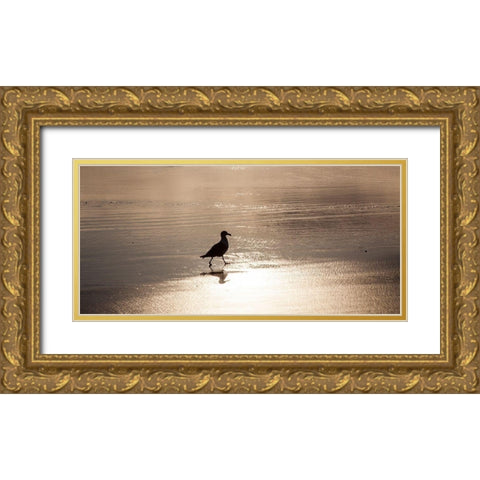Oregon Cannon Beach with seagull reflection in the sand at sunset Gold Ornate Wood Framed Art Print with Double Matting by Gulin, Sylvia