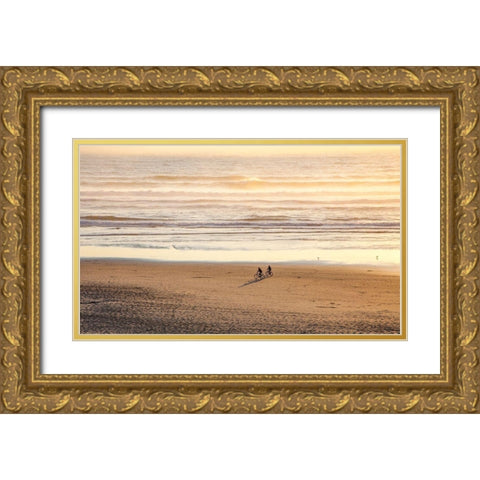 Oregon-Cape Arch with two riding bikes on the beach in the evening light Gold Ornate Wood Framed Art Print with Double Matting by Gulin, Sylvia