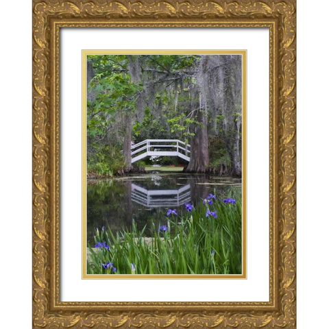 South Carolina, Wood footbridge reflects in pond Gold Ornate Wood Framed Art Print with Double Matting by Rotenberg, Nancy