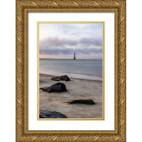 USA- South Carolina- Charleston. Folly Beach and Morris Island Lighthouse Gold Ornate Wood Framed Art Print with Double Matting by Looney, Hollice