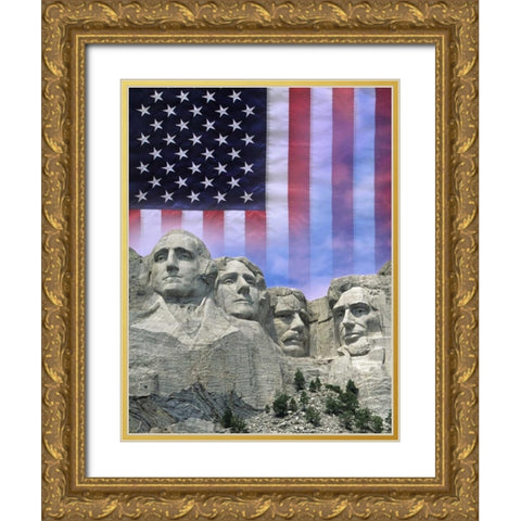 South Dakota American flag and Mt Rushmore NM Gold Ornate Wood Framed Art Print with Double Matting by Flaherty, Dennis