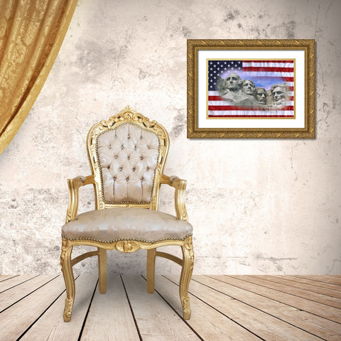 South Dakota American flag and Mt Rushmore NM Gold Ornate Wood Framed Art Print with Double Matting by Flaherty, Dennis