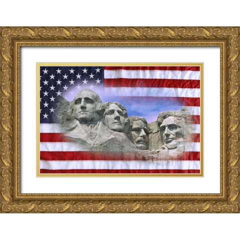 South Dakota American flag and Mt Rushmore NM Gold Ornate Wood Framed Art Print with Double Matting by Flaherty, Dennis