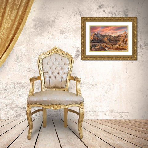 Magnificent set of striated hoodoos set against the backdrop of sunset colors in the sky Gold Ornate Wood Framed Art Print with Double Matting by Haddad, Sheila