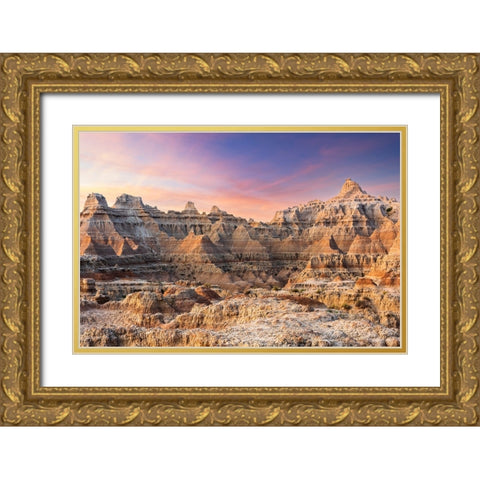 Magnificent set of striated hoodoos set against the backdrop of sunset colors in the sky Gold Ornate Wood Framed Art Print with Double Matting by Haddad, Sheila