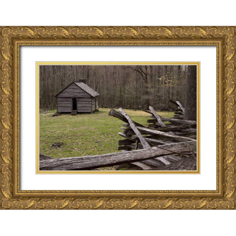 TN, Great Smoky Mts Abandoned cabin and fence Gold Ornate Wood Framed Art Print with Double Matting by Kaveney, Wendy
