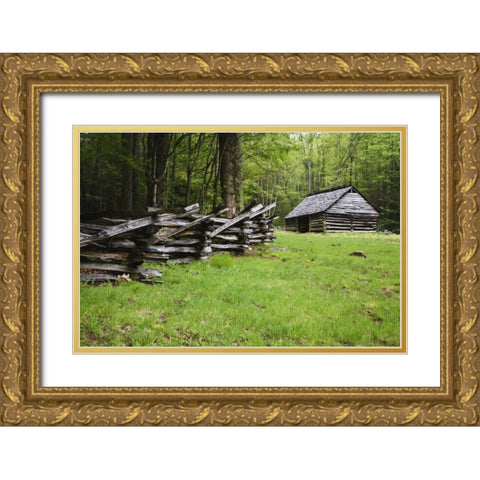 TN, Great Smoky Mts Fence and abandoned stable Gold Ornate Wood Framed Art Print with Double Matting by Flaherty, Dennis