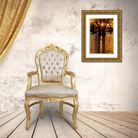 Bald cypress trees silhouetted at sunset Caddo Lake-Uncertain-Texas Gold Ornate Wood Framed Art Print with Double Matting by Jones, Adam