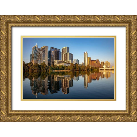 City skyline reflects in the Colorado River in Austin-Texas-USA Gold Ornate Wood Framed Art Print with Double Matting by Haney, Chuck