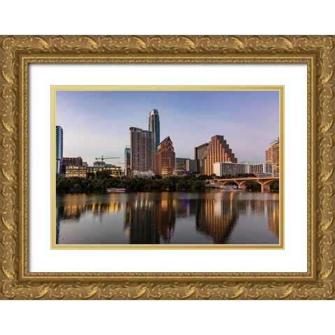 City skyline reflects in the Colorado River in Austin-Texas-USA Gold Ornate Wood Framed Art Print with Double Matting by Haney, Chuck