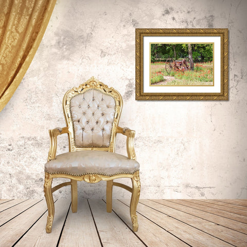 Castroville-Texas-USA-Rusted antique farm equipment in a field of poppies Gold Ornate Wood Framed Art Print with Double Matting by Wilson, Emily M.