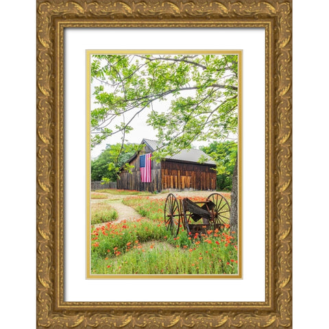 Castroville-Texas-USA-Large American flag on a barn in the Texas Hill Country Gold Ornate Wood Framed Art Print with Double Matting by Wilson, Emily M.