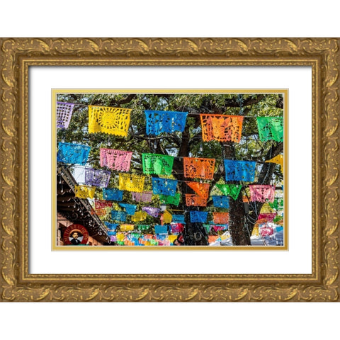 Mexican Market Square-Flags Symbols christmas paper decorations-San Antonio-Texas Gold Ornate Wood Framed Art Print with Double Matting by Perry, William