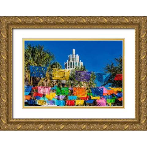 Mexican Market Square-Flags Symbols christmas paper decorations-San Antonio-Texas Gold Ornate Wood Framed Art Print with Double Matting by Perry, William