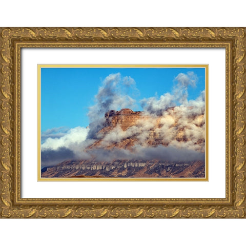 USA-Utah Green River-Cloud and Mist Shrouded Little Elliot Mesa Gold Ornate Wood Framed Art Print with Double Matting by Friel, Bernard