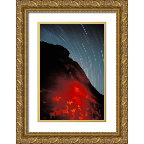 USA, Utah, Arches NP, Petroglyphs and star trails Gold Ornate Wood Framed Art Print with Double Matting by Kirkland, Dennis