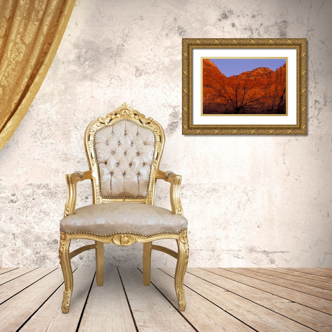 UT, Zion NP Silhouette of barren tree at sunset Gold Ornate Wood Framed Art Print with Double Matting by Young, Bill